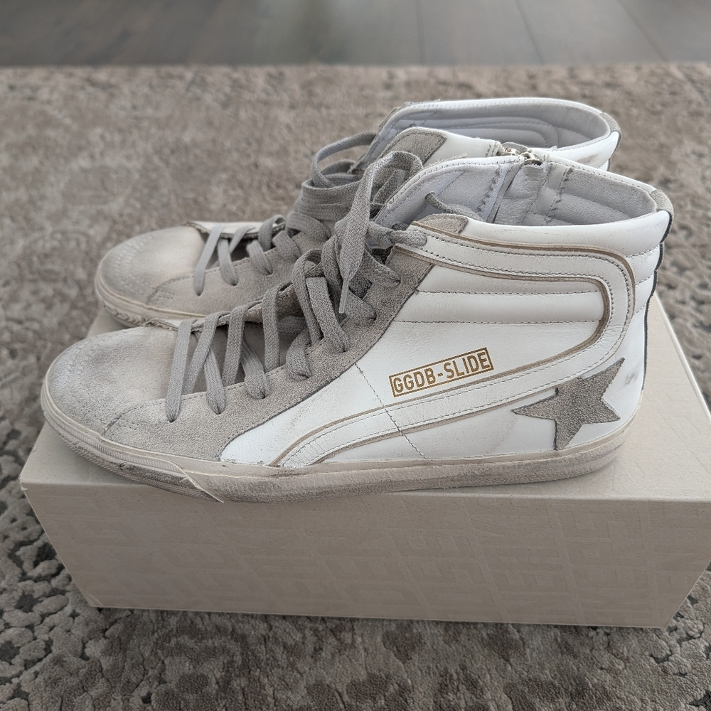 Golden Goose Slide High Top Sneaker Suede Toe And Star Leather White Ice Men's - Picture 7 of 13